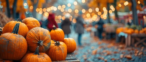 Autumn craft fair with pumpkin displays focus on, seasonal creativity, vibrant, manipulation, artisan market
