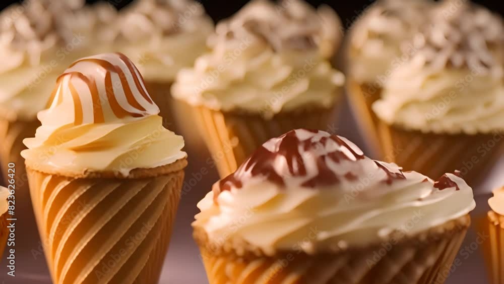 Poster group of ice cream cones with chocolate drizzle generative ai