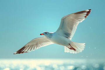 Obraz premium A majestic seagull soars through the sky, its wings outstretched and its feathers glistening in the sunlight