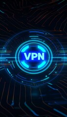 An abstract background with a blue glowing text VPN