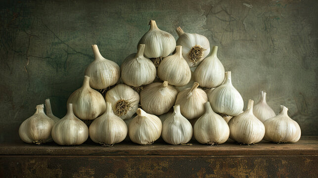 garlic arranged on a wooden table 