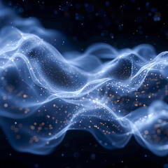 Abstract blue waves background, synth waves and light particles and dust on dark background, abstract concept inspired by technology and informatics