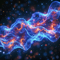 Abstract waves background, blue synth waves, orange light particles and dust on dark background, abstract concept inspired by technology and informatics