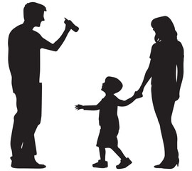 Vector silhouette of mother and father with her children on white background