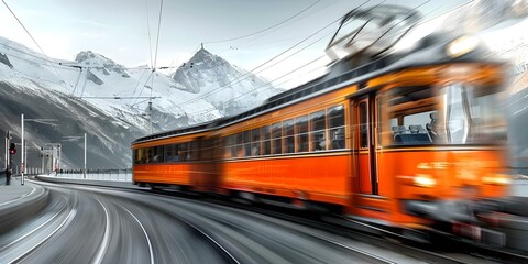 1920s Orient Express train speeding on track with mountains in background. Concept Train Travel, 1920s Fashion, Adventure, Scenic Landscape, Vintage Aesthetics