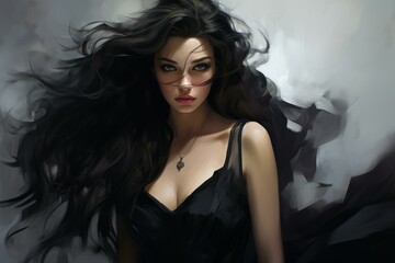 Artistic portrait of a woman with dark, flowing hair and captivating gaze