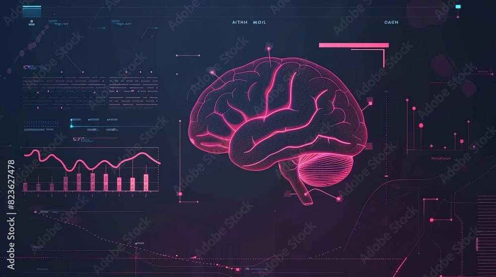 Poster digital illustration of a human brain with data graphs and futuristic interface elements, representi
