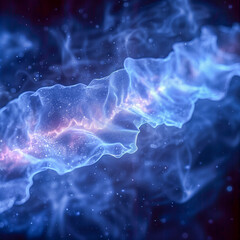 Abstract blue waves background, synth waves and light particles and dust on dark background, abstract concept inspired by technology and informatics