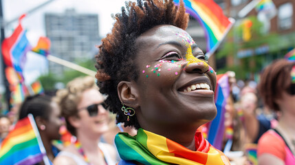 Obraz premium A person with a rainbow scarf cheering at a pride parade