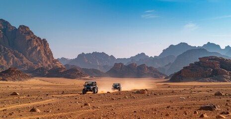 A panoramic view of the Mountains, with two allativa buggy vehicles driving through an open desert landscape, with rocky mountains visible behind them