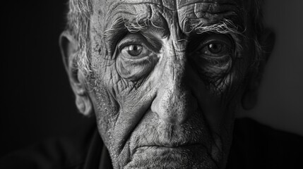 Moody black and white portrait of an elderly man, with deep wrinkles and intense eye contact --ar...