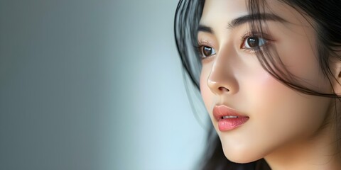 Fototapeta premium Profile of a stunning Asian woman with flawless hair and features captured up close. Concept Asian Beauty, Flawless Features, Close-up Portrait, Stunning Hair