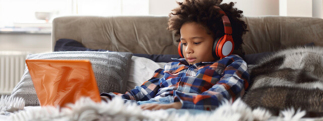 Young African American boy immersed in online learning, his headphones and rapt expression reflecting a profound engagement with the digital world In cosy bedroom setting