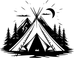 Camping tent silhouette vector, Tent and tree vector, Campsite silhouette, Outdoor adventure vector, Camping tent icon, Forest silhouette vector. AI generated illustration.