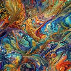 Liquid background marbled with paint. Intense colorful mix of bright acrylic colors.