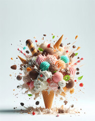 A delicious explosion of ice cream on a white background, with space for text.