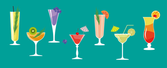 Set of colored vector cocktail icons - Margarita, Cosmopolitan, Tequila Sunrise, etc.