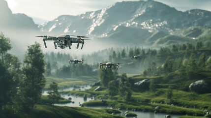 Drones flying over a scenic landscape.