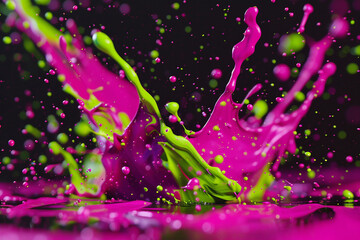 A dynamic burst of magenta and lime green oil paint splashes, frozen in time as if in a festive...