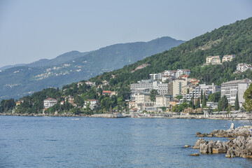Landscape View Of Beautiful Adriatic Coast With Statue And Seagull At Opatija, Croatia