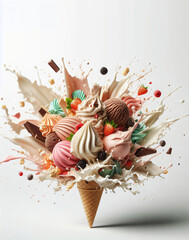 A delicious explosion of ice cream on a white background, with space for text.