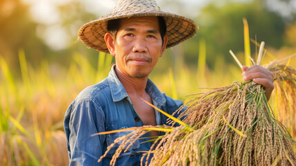 A man wearing a straw hat is holding a bundle of rice. The man is smiling and he is enjoying his work. Concept of hard work and contentment. Thai male farmer harvesting rice in field in Thailand - Powered by Adobe