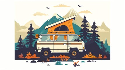 Obraz premium Car camping conversion flat design side view outdoor adventure theme cartoon drawing Triadic Color Scheme