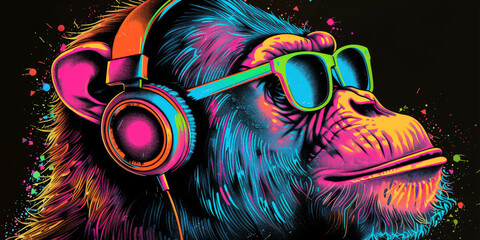 Cool neon party dj monkey in headphones and sunglasses