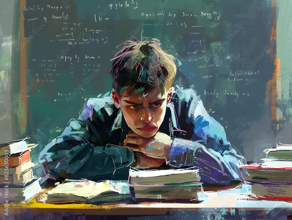 Poster determined student intensely studying for high school graduation exam in organized classroom setting