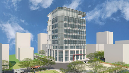 Fototapeta premium office buildings, Architectural illustration of a modern office building planned in the city street