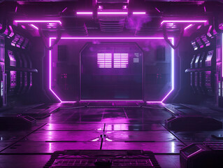 Sci Fi Futuristic Stage Neon Glowing Gradient Vibrant Purple Pink Colored Metal Shiny Glossy Hallway. Futuristic  Modern Cyber Background, 3D Rendering