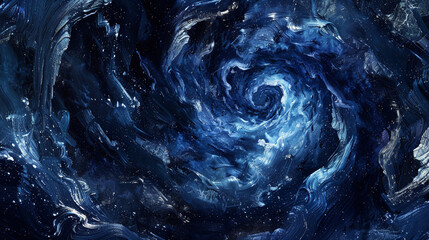 A mysterious swirl of midnight blue and metallic silver oil paint clouds, mimicking the mystical...