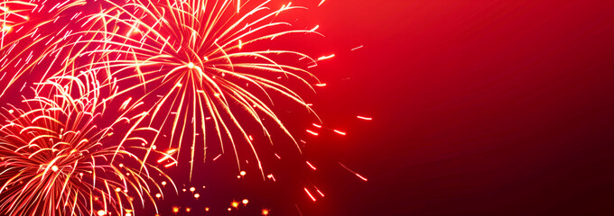 Fireworks on a red background, wide format banner