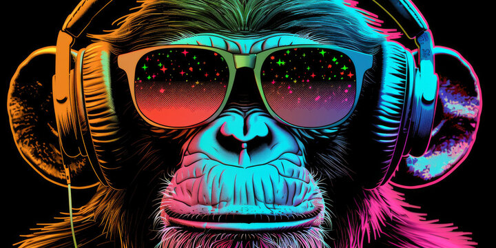 Cool neon party dj  monkey in headphones and sunglasses