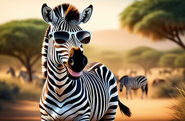 Cartoon character illustration, zebra in sunglasses on a savannah background, animal in its natural habitat, wildlife of Africa, safari trip concept, nature reserve, Animal Protection Day