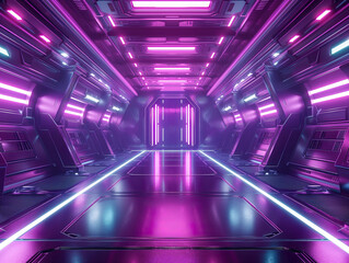 Sci Fi Futuristic Neon Glowing Gradient Vibrant Purple Pink Colored Metal Shiny Glossy Hallway. Modern Cyber Background, 3D Rendering