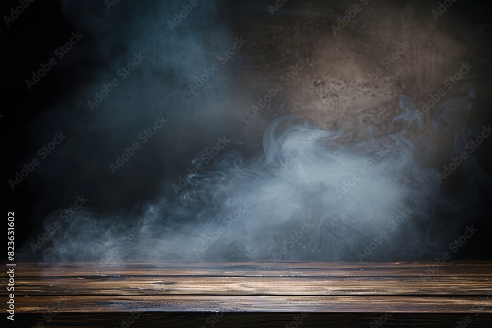 Poster empty wooden table with smoke float up on dark background
