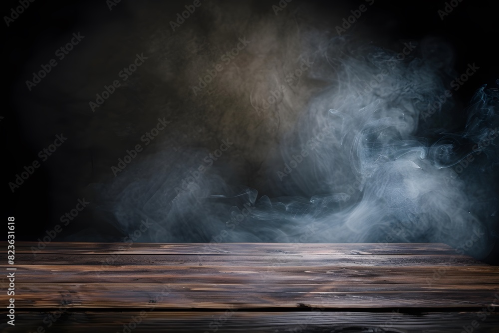 Poster empty wooden table with smoke float up on dark background