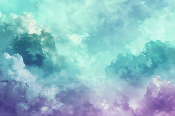A delicate mixture of pastel violet and soft turquoise oil paint clouds, resembling a gentle...