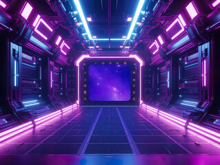 Sci Fi Futuristic Neon Glowing Gradient Vibrant Purple Pink Colored Metal Shiny Glossy Hallway. Modern Cyber Spaceship Background, 3D Rendering