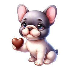 Cute French Bulldog Puppy Holding Chocolate Heart
