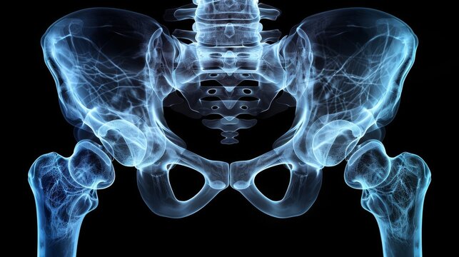 3D illustration of hip bones. Blue x-ray of the human pelvic bone structure on a black background.