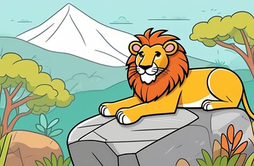 Illustration of a cartoon character, a lion lying on a stone against a background of trees, mountains in the savannah, the concept of a safari trip