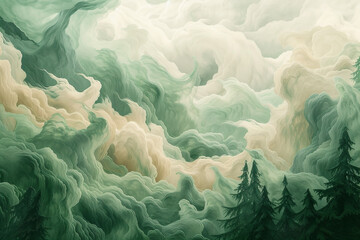 An abstract scene of forest green and soft beige oil paint clouds, gently swirling like a quiet...