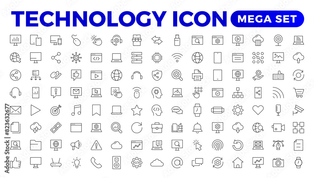 Poster technology line icons. technological and device in various industries. icons for websites, applicati