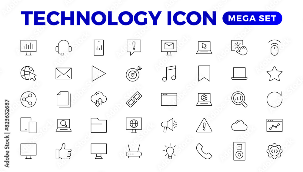 Poster technology line icons. technological and device in various industries. icons for websites, applicati