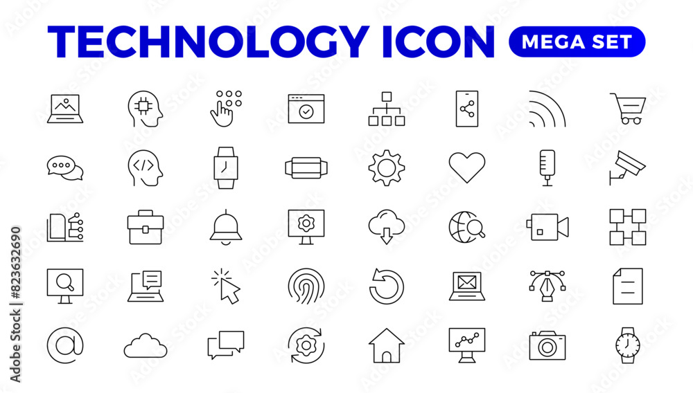 Poster technology line icons. technological and device in various industries. icons for websites, applicati