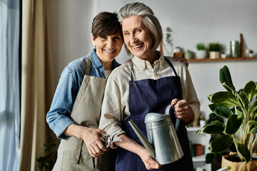 Two women in aprons standing together in a kitchen.