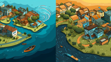 Aerial Vistas: Vector Art Collection Showcasing Urban Metropolis, Peaceful Countryside, and Tranquil Waters
