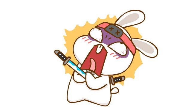 Animated Ninja Rabbit Getting Stabbed and Dying - White Background